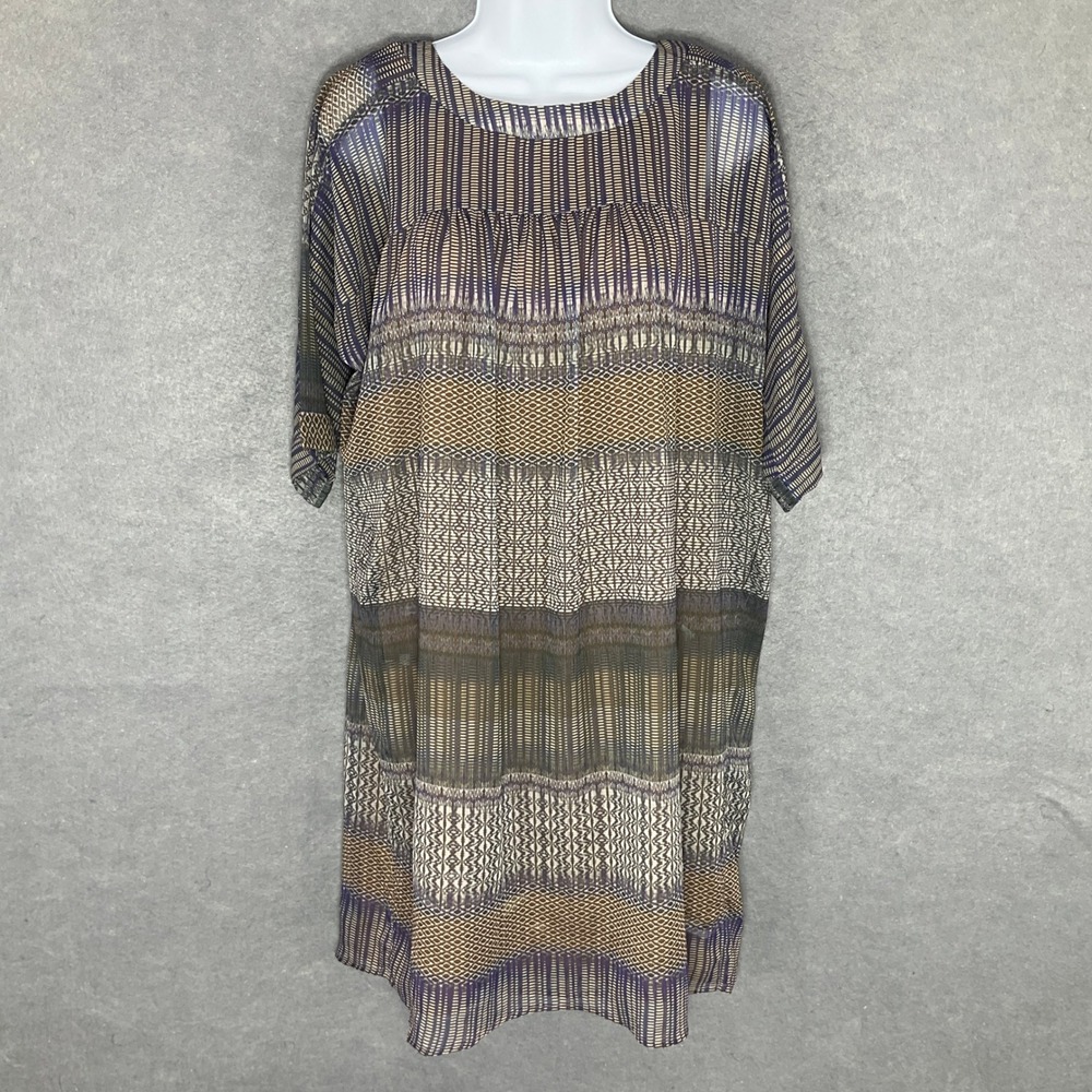 Anthropologie Dress Shift Abstract Print One September Short Sleeve Beige Sz S